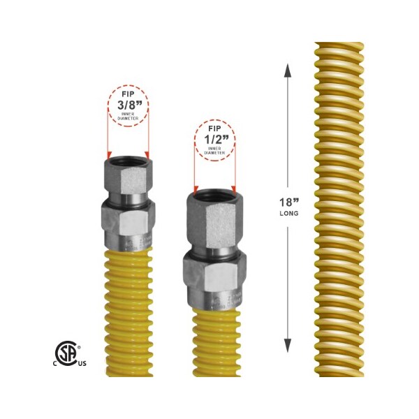 Gas Line Hose 1/2'' O.D.x18'' Len 1/2x3/8 FIP Fittings Yellow Coated Stainless Steel Flexible